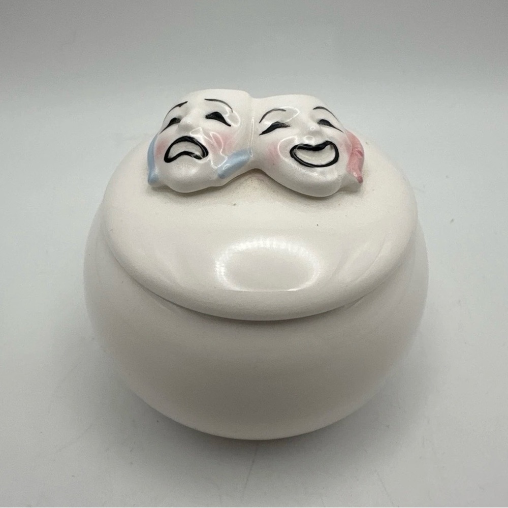 White Porcelain Trinket Box Drama Masks 2.5”  Japan Roman Inc. White Pink